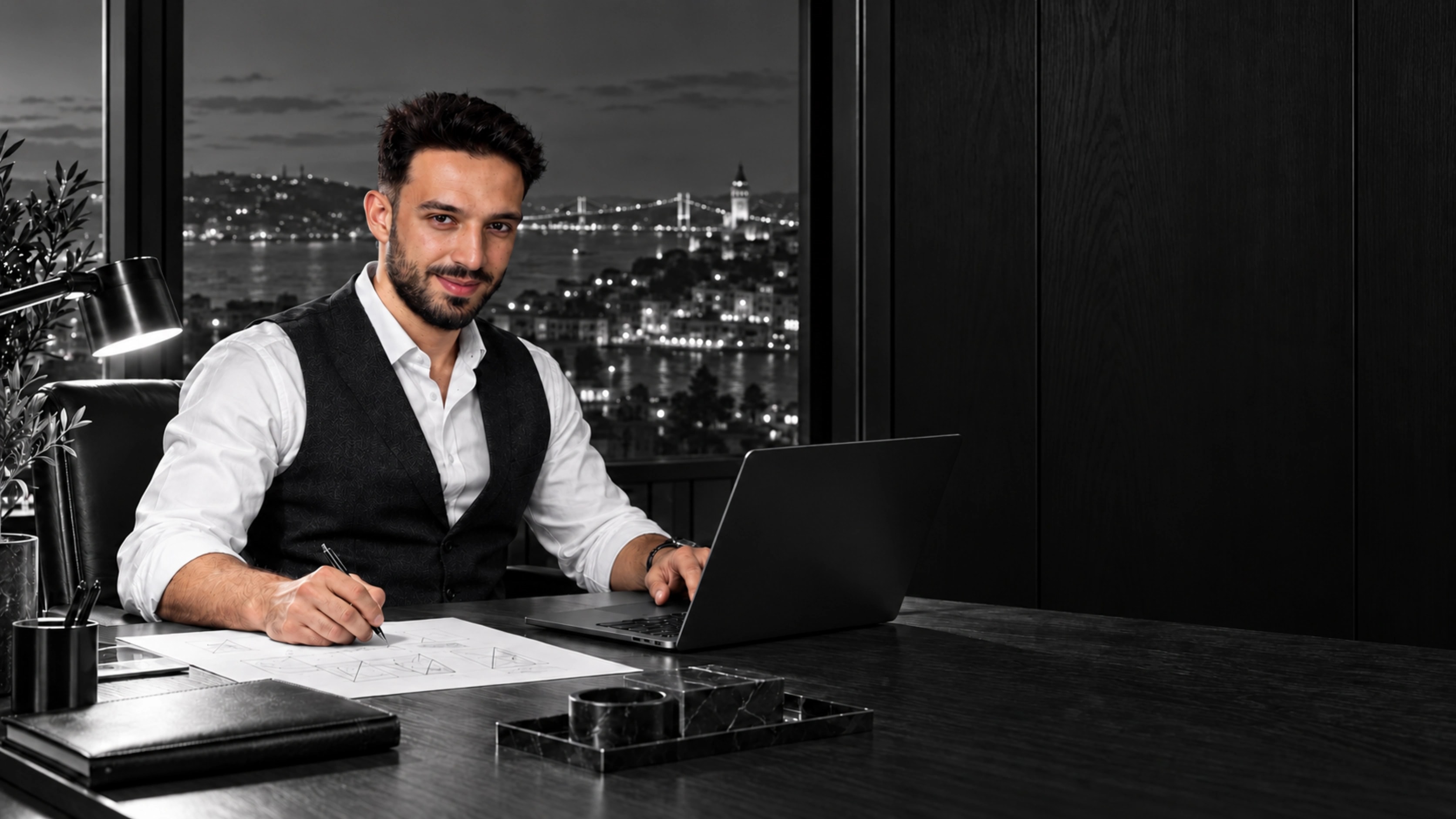 Emin Kartcı çalışma ortamında, editoryal portre